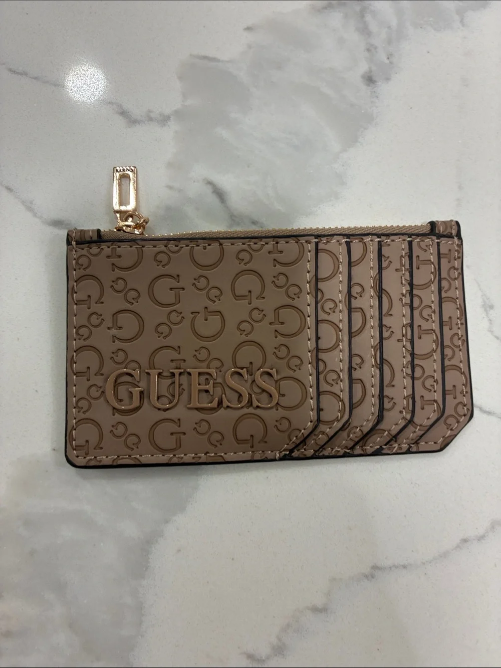 GUESS Taupe Logo Card Holder with Gold Hardware